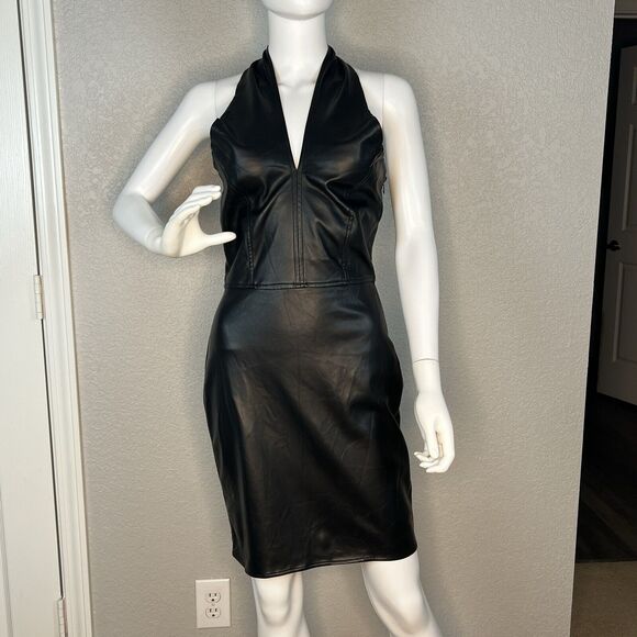 Heartloom Size M Faux Leather Moto Knee Length Halter Dress Black - Picture 2 of 7